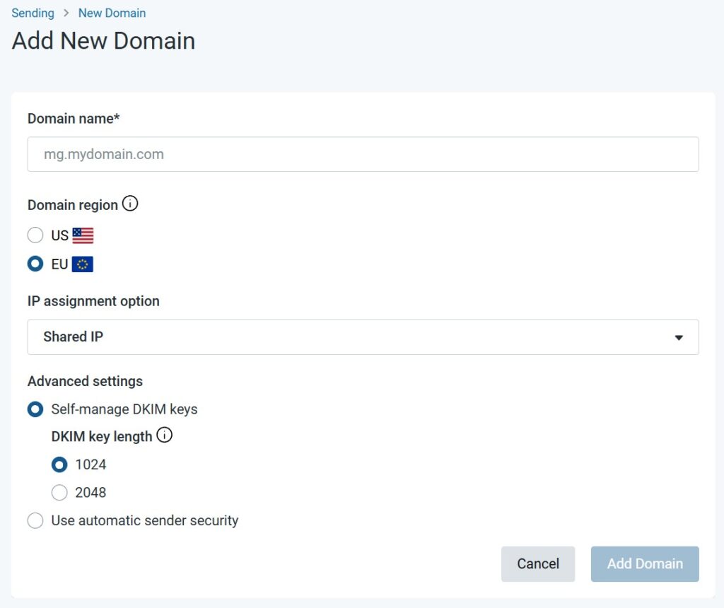 Add new domain in Mailgun