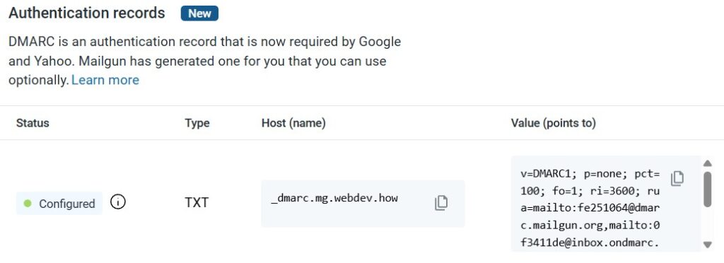 Mailgun authentication records