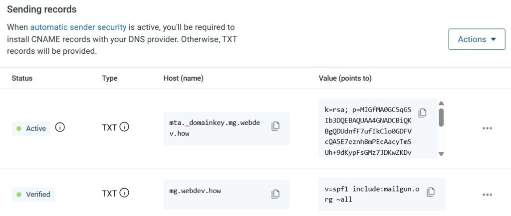 Mailgun sending records
