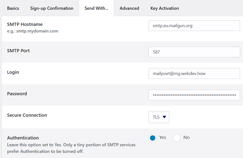 Setup MailPoet with Mailgun SMTP credentials