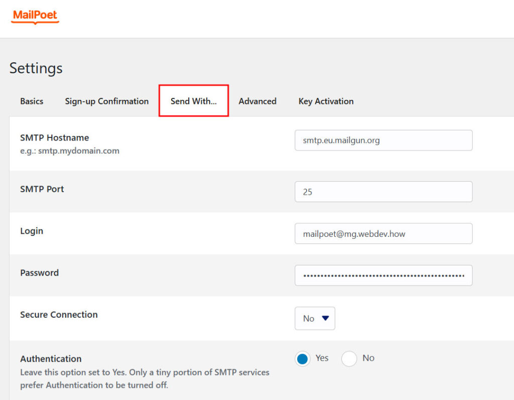 Setup MailPoet with Mailgun SMTP credentials