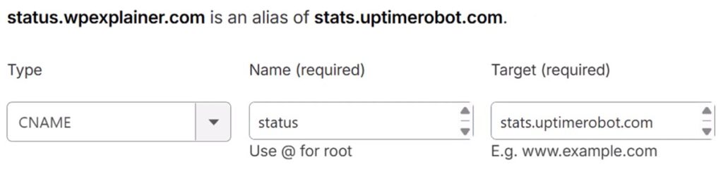 uptimerobot dns record for status page on your own domain