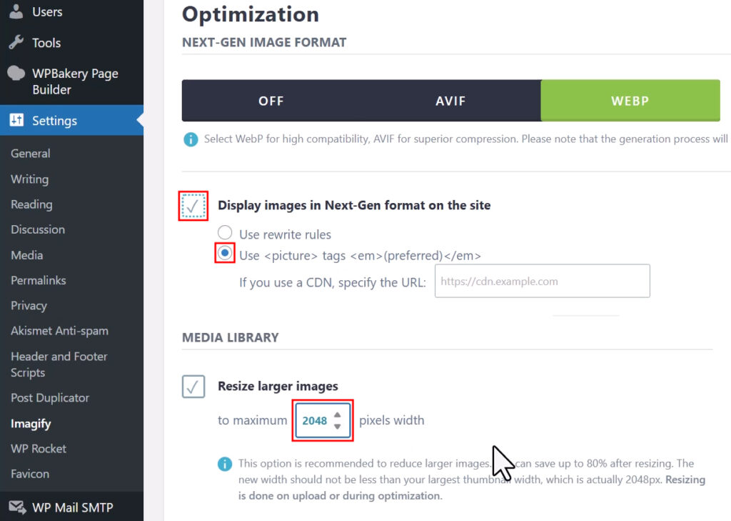 imagify settings enable webp picture tag