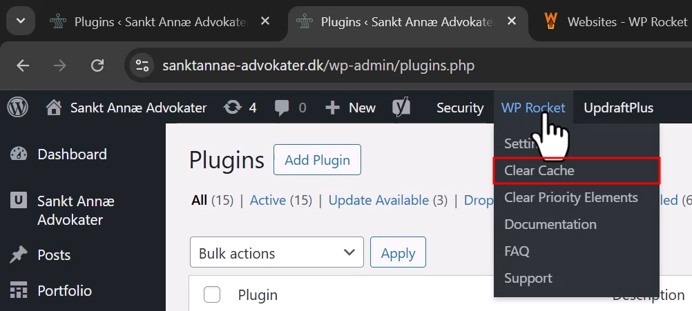 wp rocket clear cache setting in topbar dropdown