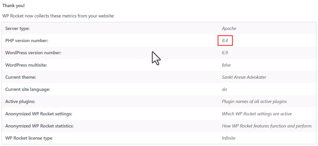 wp rocket website overview with php version number