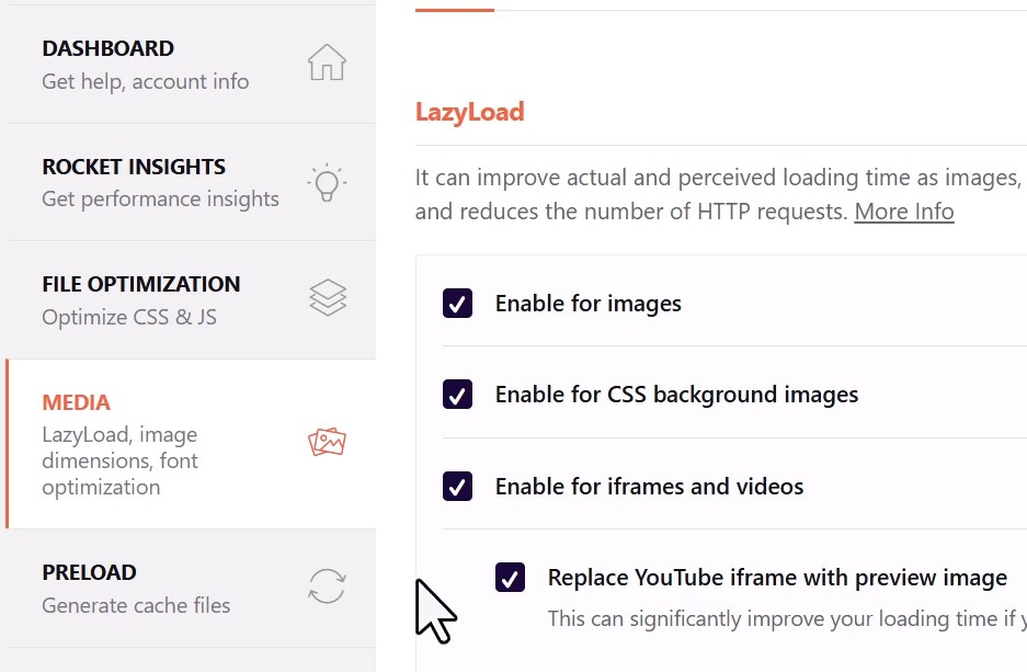 wp rocket enable lazyload in media settings